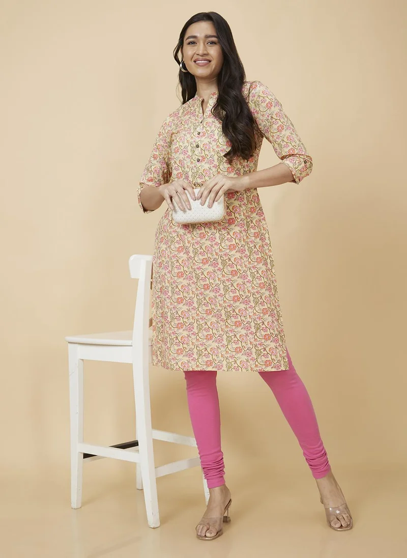 جلو باص جلوبس سنيكرز نسائي أصفر مطبوع بالزهور بياقة دائرية قطن نقي